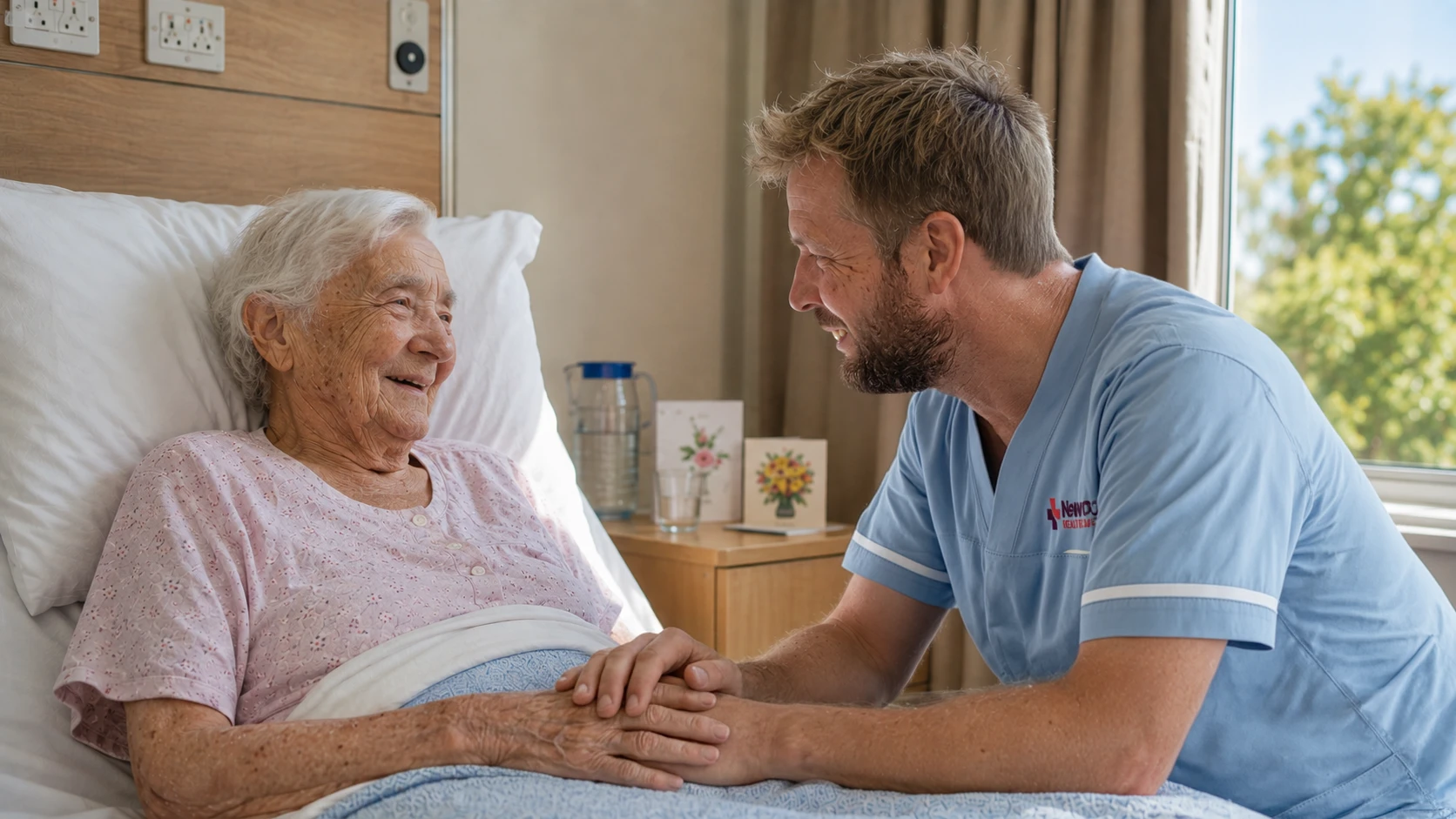Healthcare support worker comforting an elderly patient in a hospice care setting