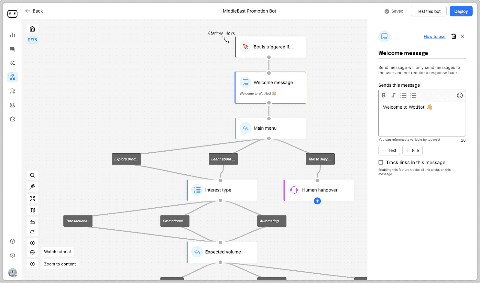 image of whatsapp bot flow in bot builder
