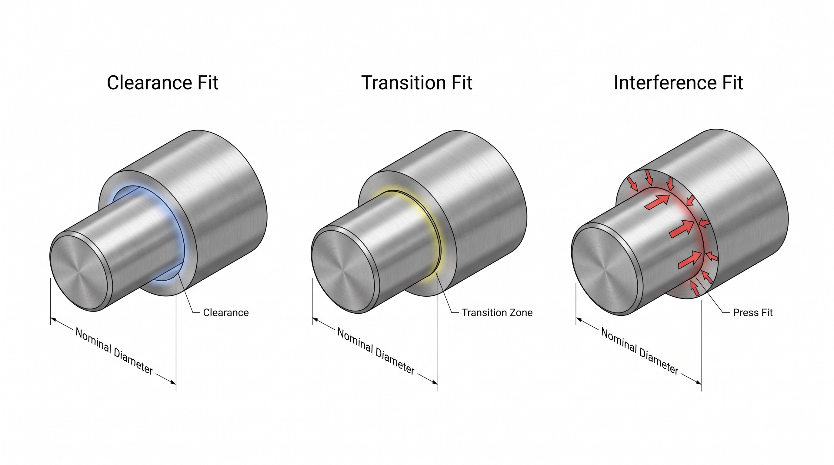 Three precision shaft and hole assemblies illustrating clearance, transition, and interference fits used in mechanical engineering and ISO fit systems.