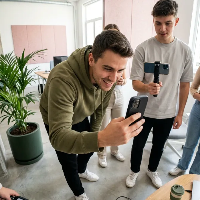 Équipe de créatifs DAJM en extérieur devant une fresque murale texturée et colorée, illustrant notre expertise en "Marque employeur et corporate" pour créer des contenus à impact qui fédèrent les communautés