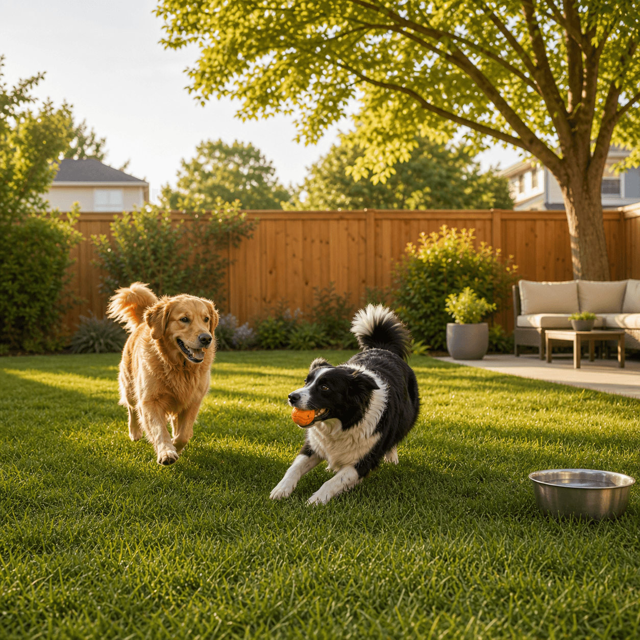 Two dogs playing in a clean private fenced backyard