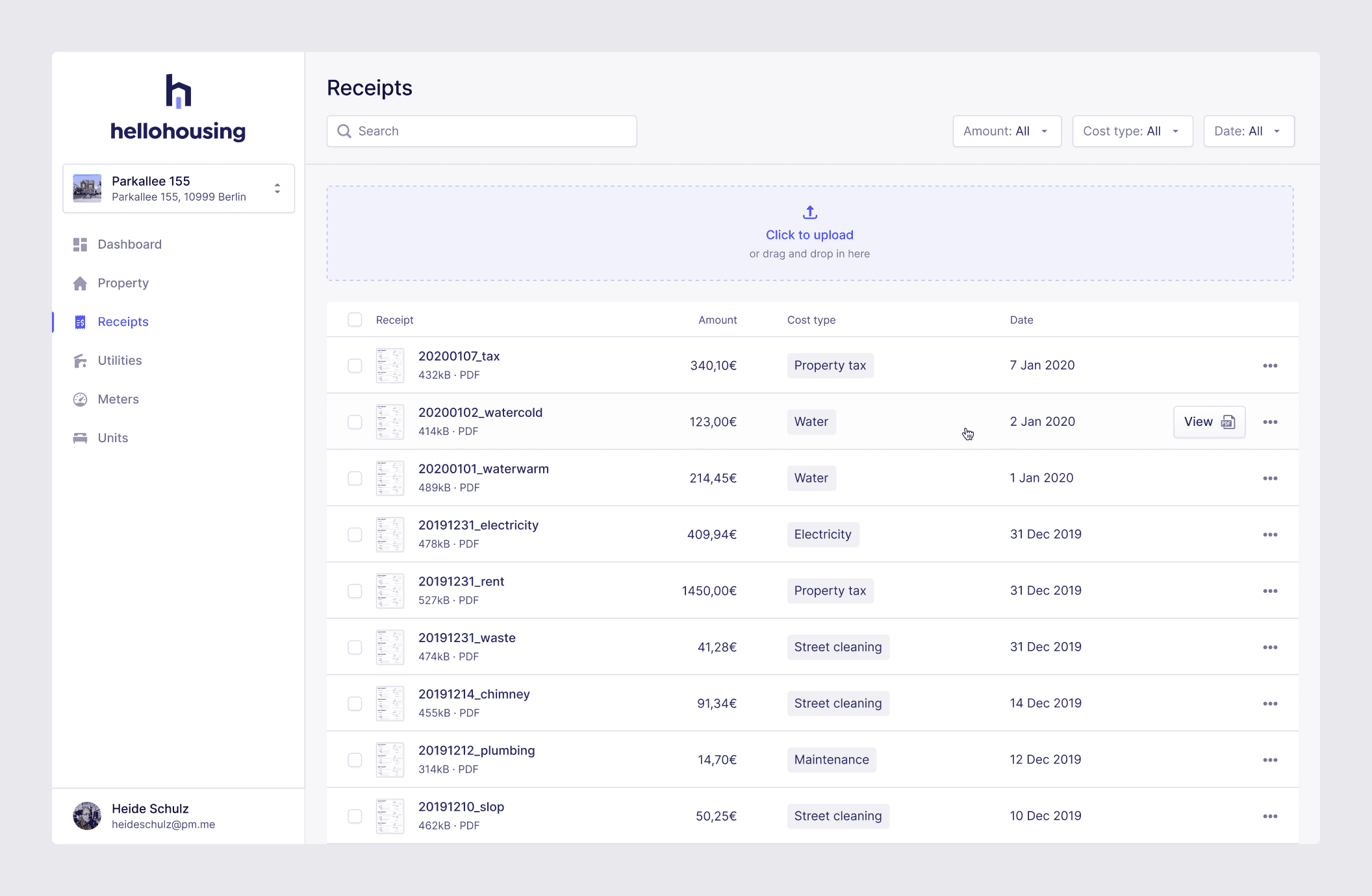 The “Receipts” subpage that contains a list of all the receipts with the option to upload a new one.