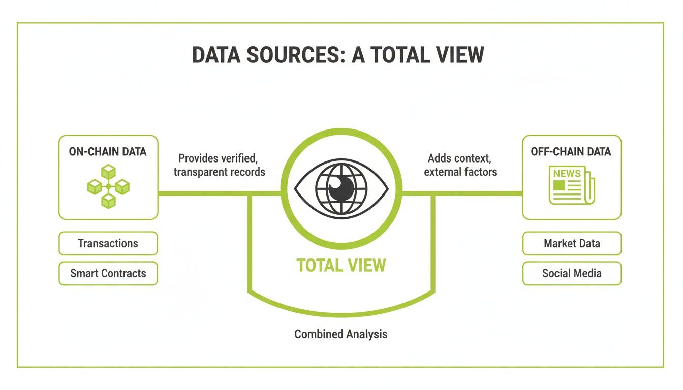 A diagram illustrates combining on-chain data (transactions, smart contracts) and off-chain data (market data, social media, news) for a total view through combined analysis.