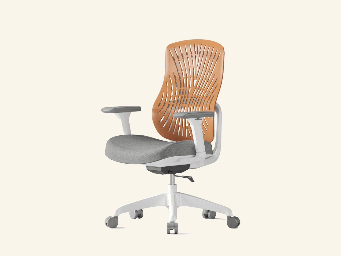 TCHOD Furniture 2026 Model No. 827B ergonomic staff chair featuring a tan-colored flexible polymer backrest with a rhythmic slotted ventilation pattern, grey fabric cushioned seat, white frame, and adjustable T-armrests on a 5-star swivel base.