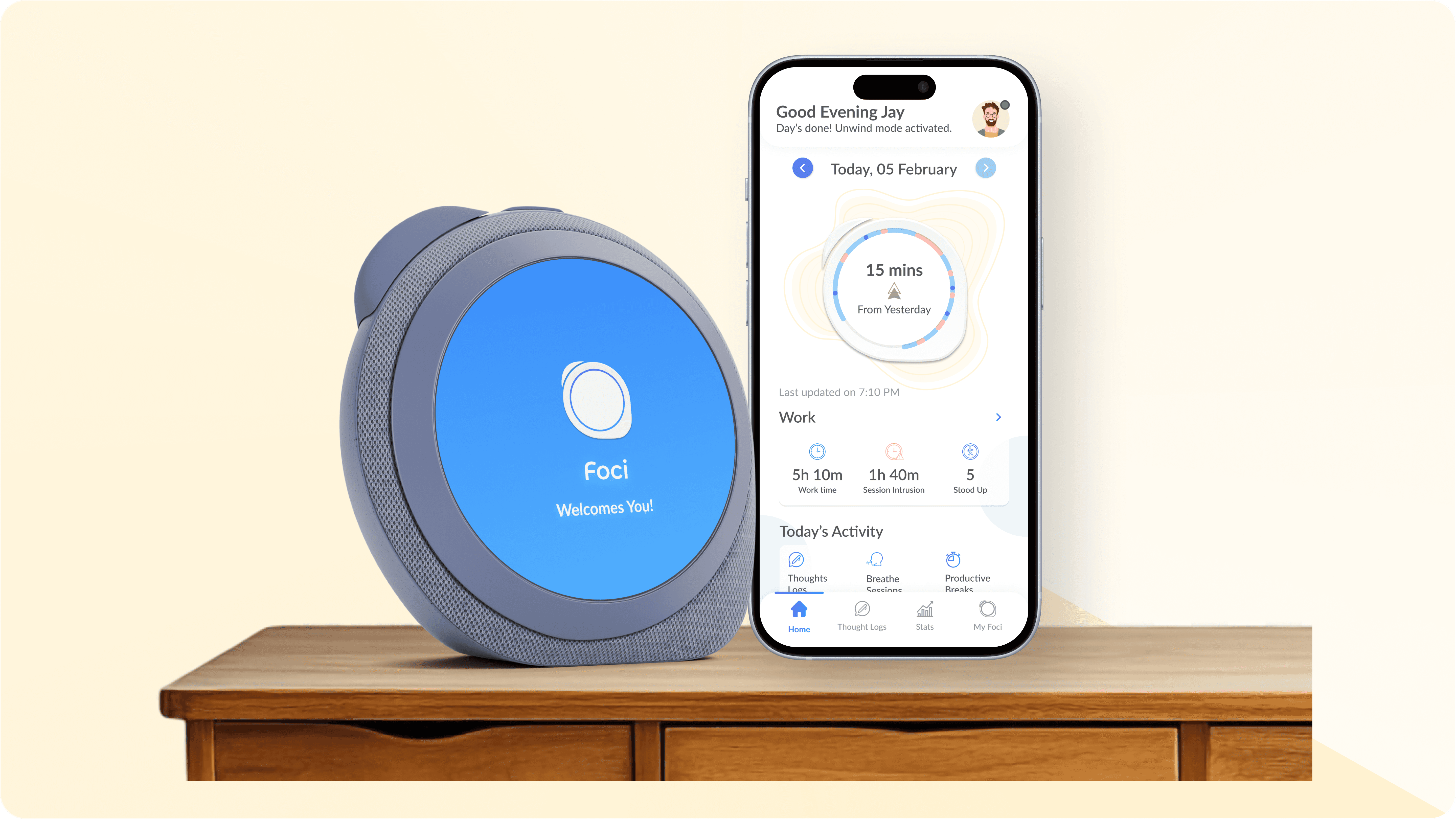 Foci mockup screens showing the smart desk device alongside its companion mobile app.