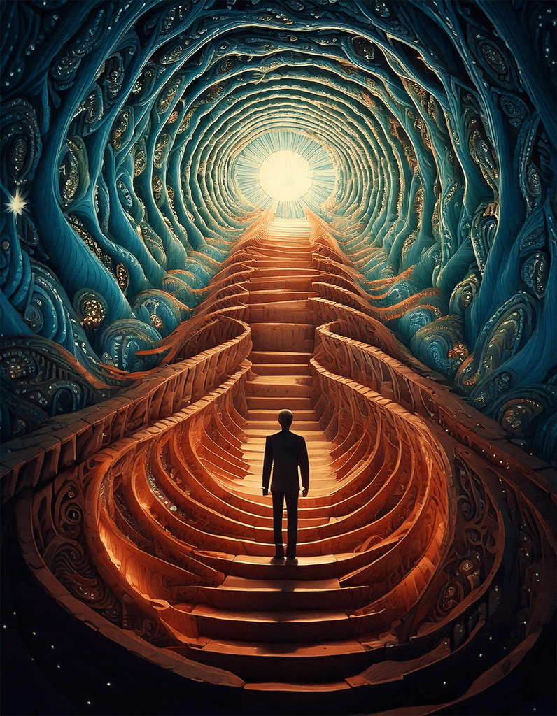 Imagem surreal de um home subindo numa escadaria atrás de descobertas