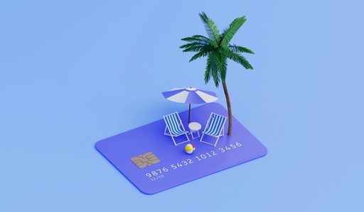 Conceptual 3D illustration of a beach vacation on top of a credit card, symbolizing secure travel bookings and upfront payment deposits.