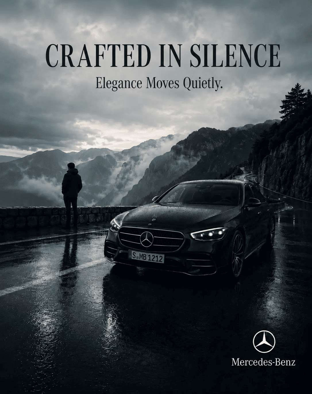 AI-generated Mercedes-Benz poster showing a luxury car in a rainy minimal landscape, reflecting precision, sophistication, and quiet power.