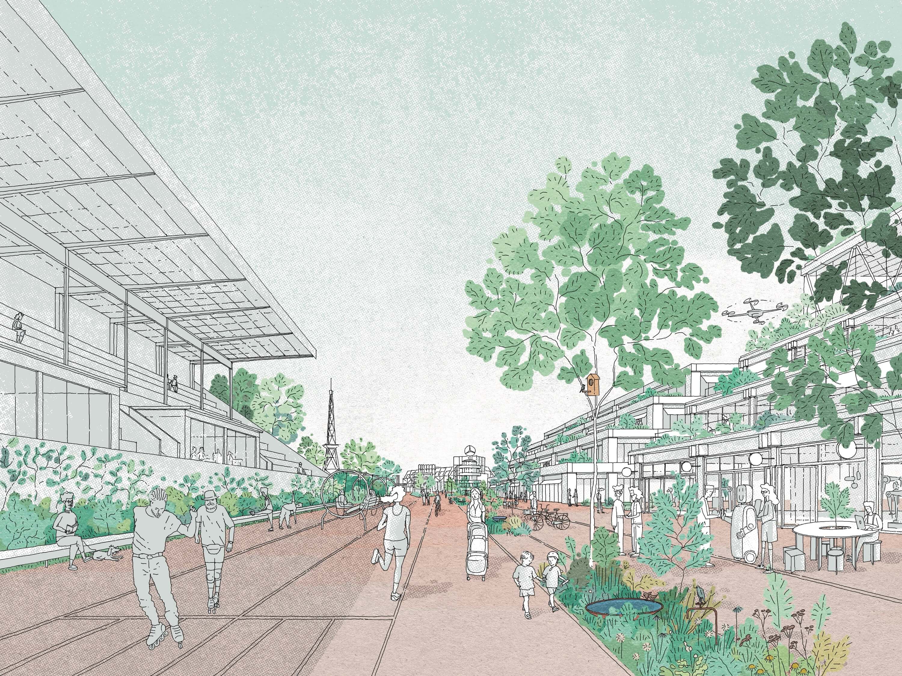 A sketch of a street scene lined with trees and modern buildings under a light, pastel sky.