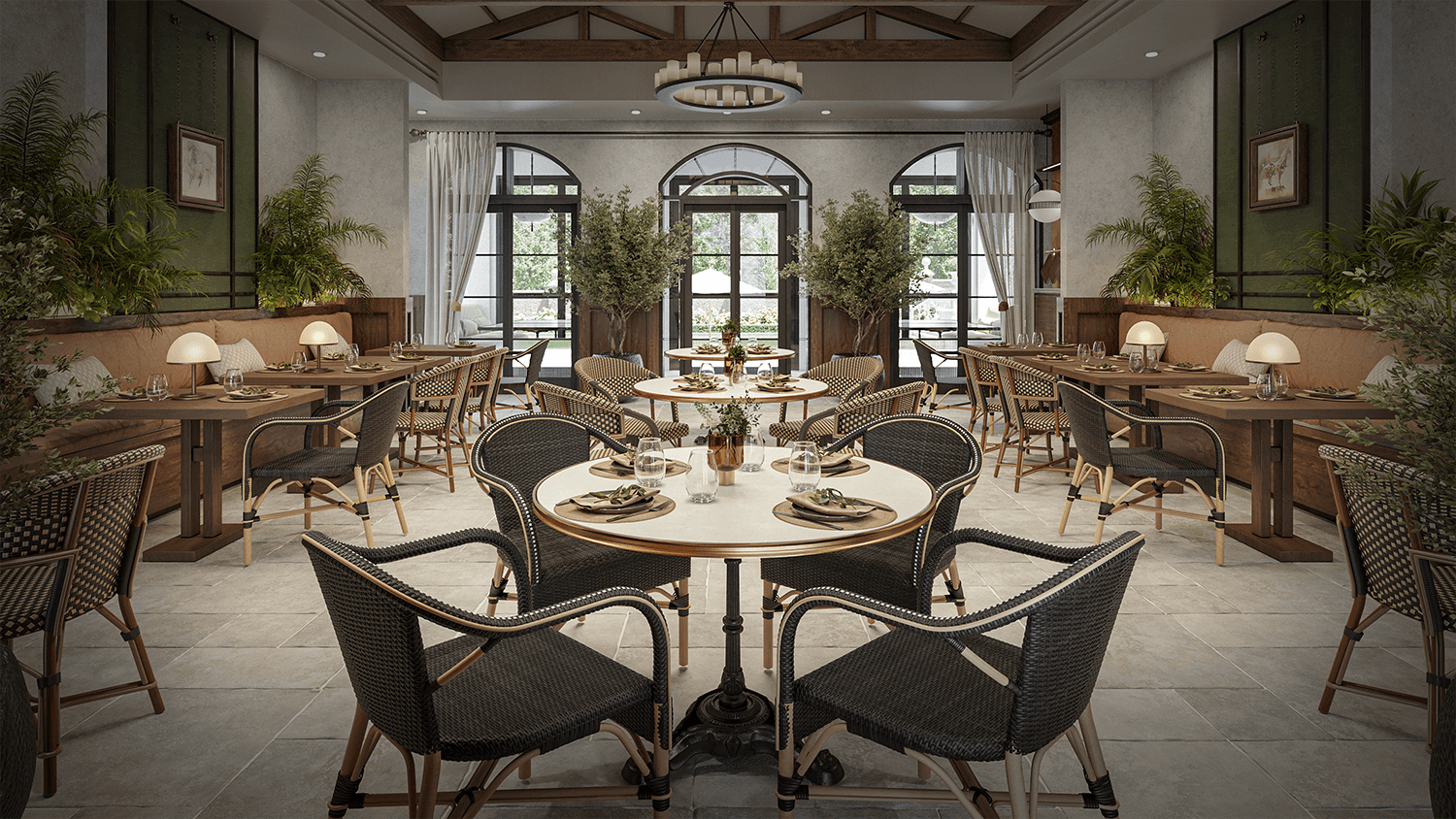 Interior render, public restaurant and lounge