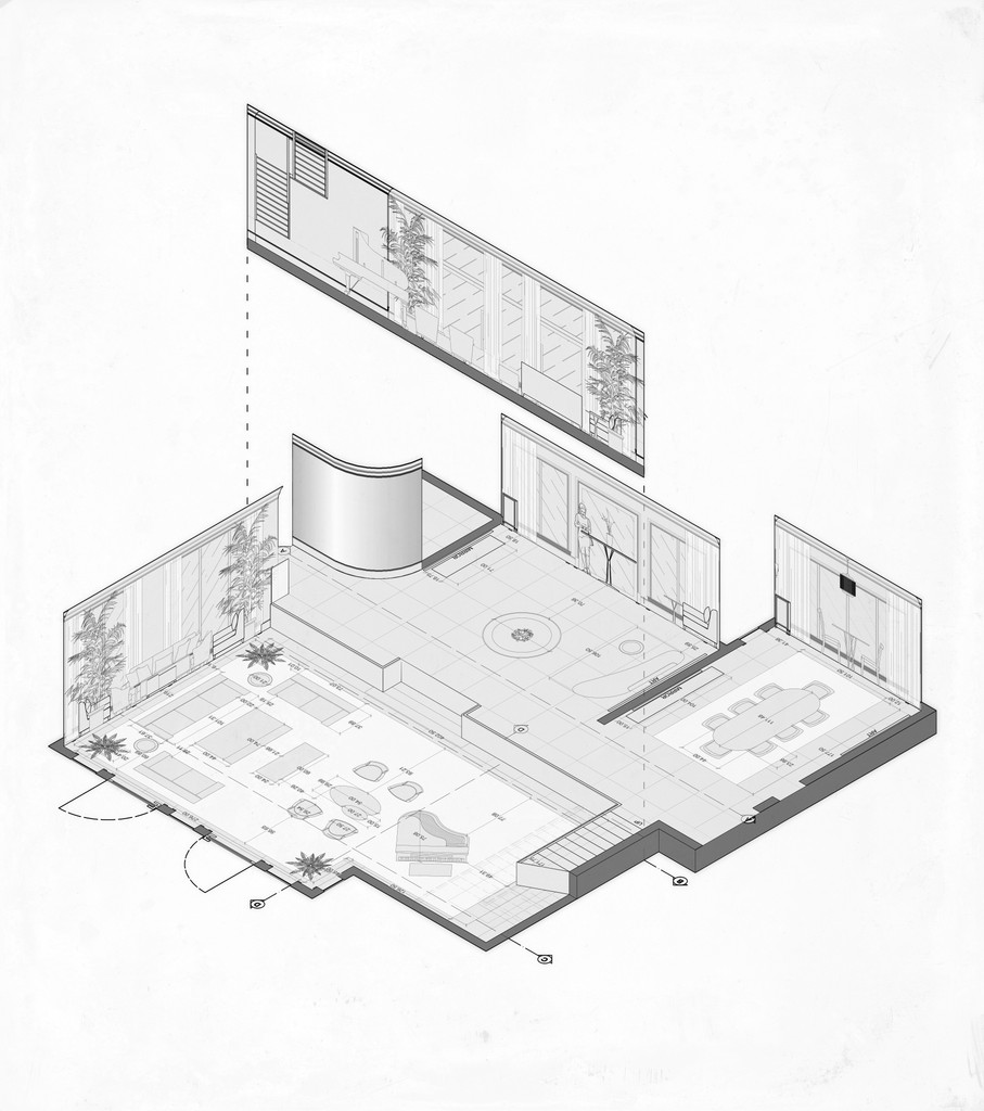 An isometric collage of interior plan and elevations