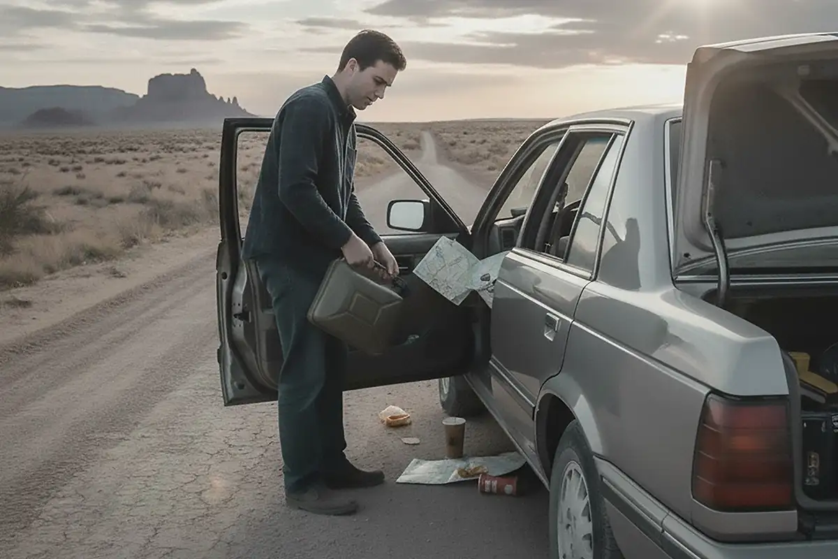 Driver standing outside of his vehicle, having just ran out of gas.