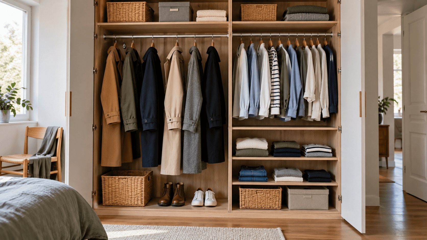 Une penderie ouverte sépare les manteaux longs des chemises courtes et réserve des étagères au linge plié.