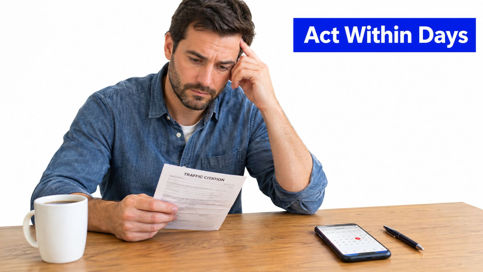 A concerned man sitting at a desk reviewing a traffic citation document next to a coffee cup.