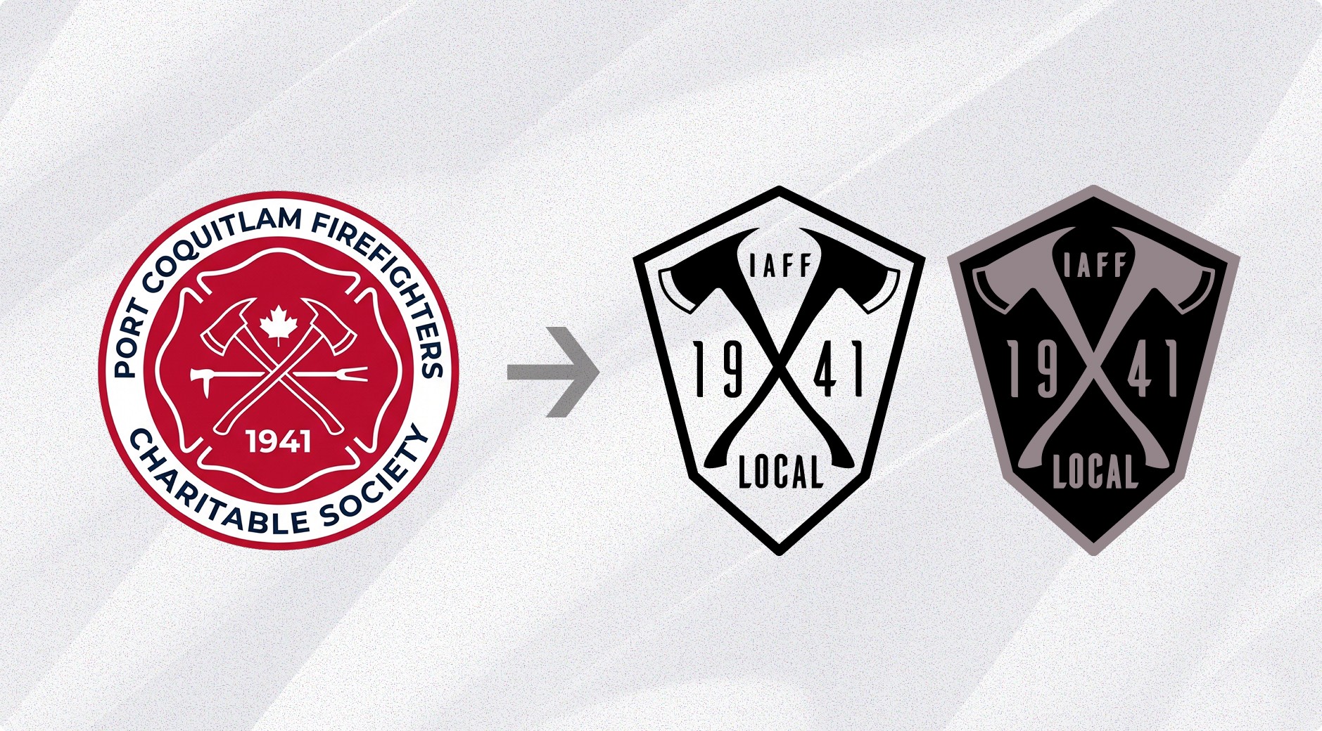 Three Icons on a grey and white backround. One red crest points towards two hexagon shield shapes. All denote the Port Coquitlam Firefighters Charitable Society IAFF Local 1941 Union Crest