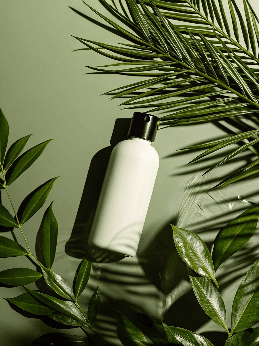 A white cosmetic bottle centered among green palm leaves on a matching olive-green surface.