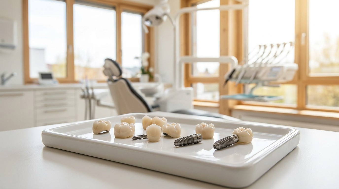 A tray of dental crowns and implant components used to plan a full mouth rehabilitation.