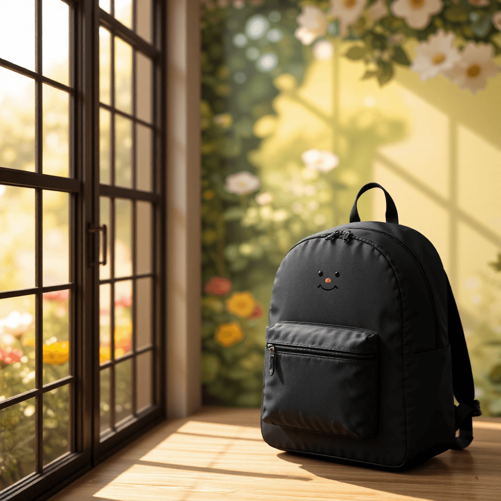 product photography of a black backpack with a playful design
