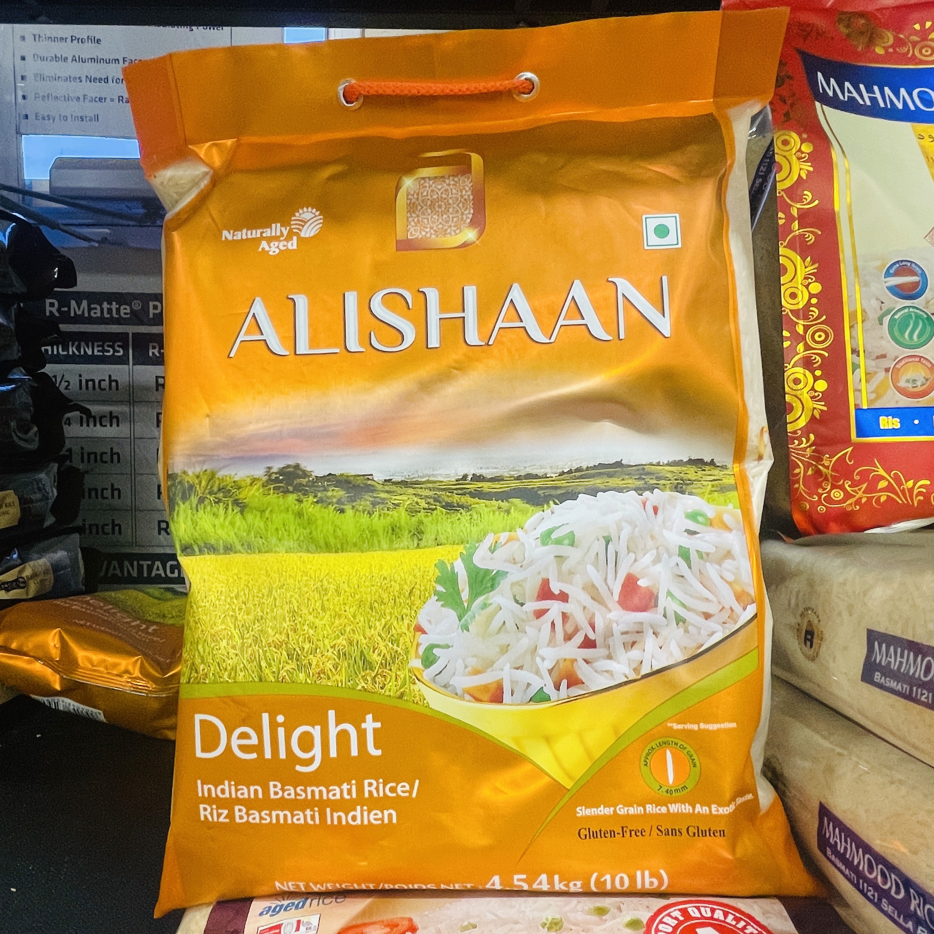 Alishaan Delight Indian basmati rice on display at International Food Market Orlando.