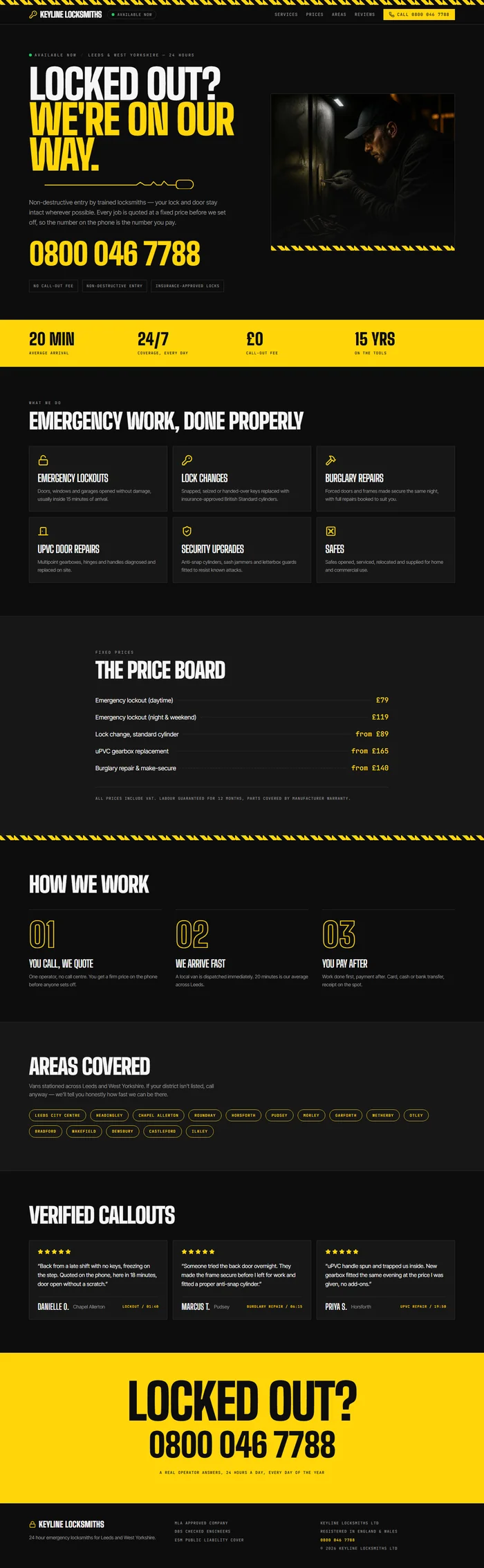 Full page of an AI-generated locksmith website with emergency hero, hazard stripes, services, fixed prices, areas and reviews
