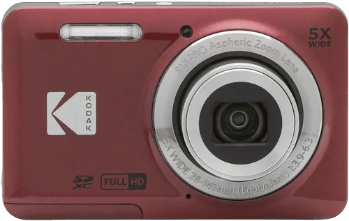 Kodak Pixpro FZ55 compact camera in red, shown from the front with a 5x zoom lens and Kodak logo.