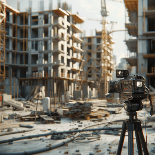 3d Visualisierung eines mehrstöckigen Gebäudes in der Bauphase, rechts eine Kamera, welche den Bau dokuemntiert