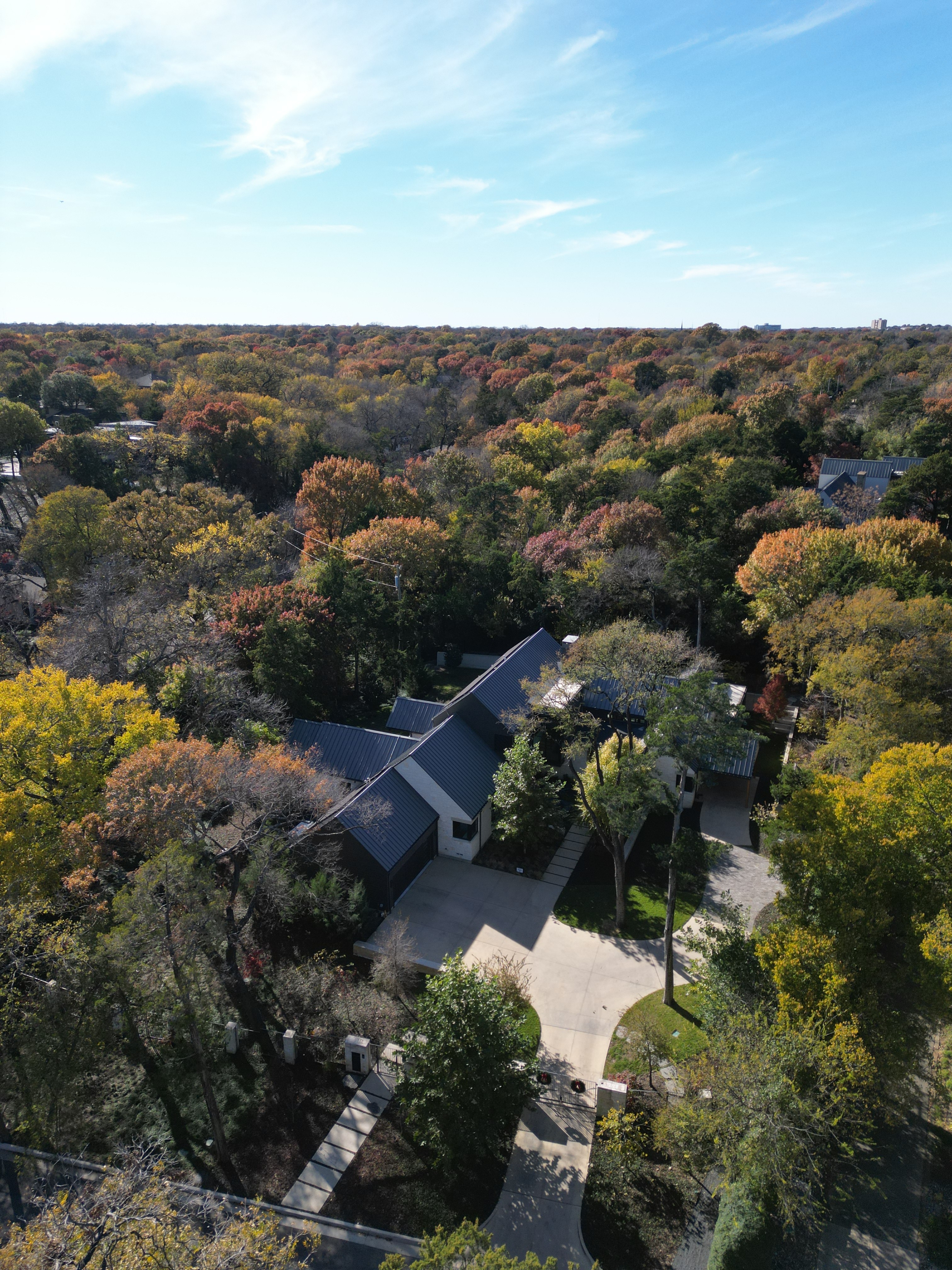 horizon drone shot with home and trees