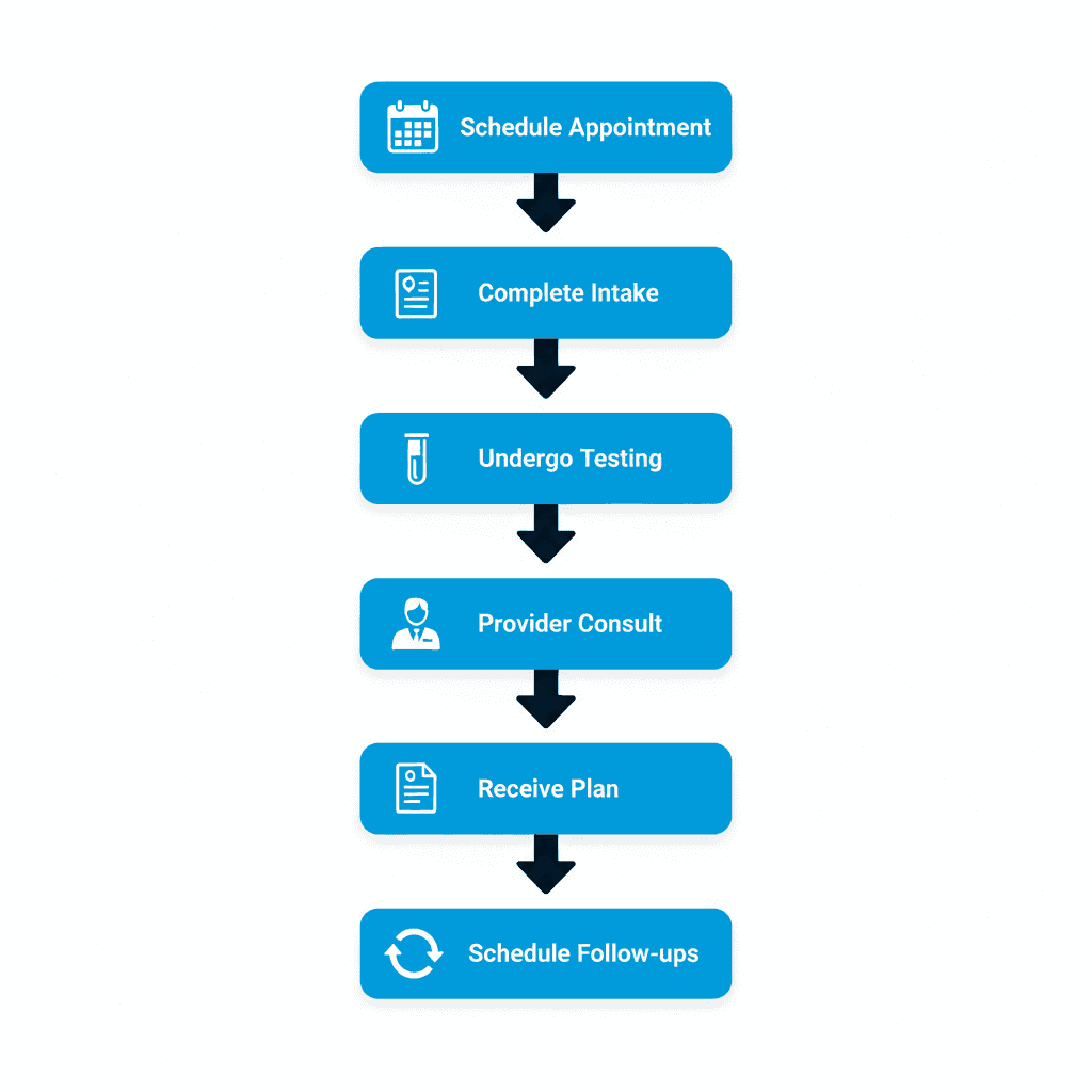 Vertical process flow diagram illustrating the six steps to begin testosterone replacement therapy at a Boise clinic, featuring icons for scheduling, intake, testing, consultation, planning, and follow-ups