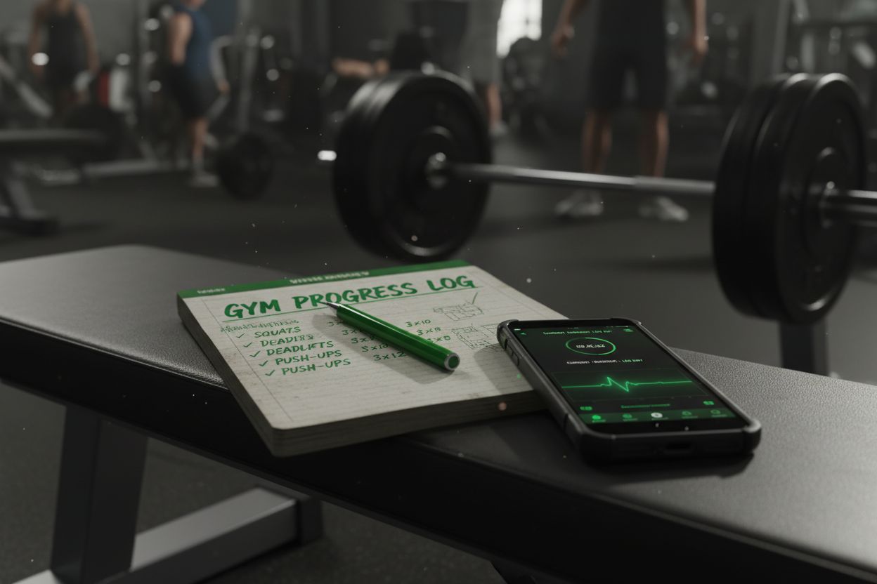 Notebook and phone with workout notes at the gym