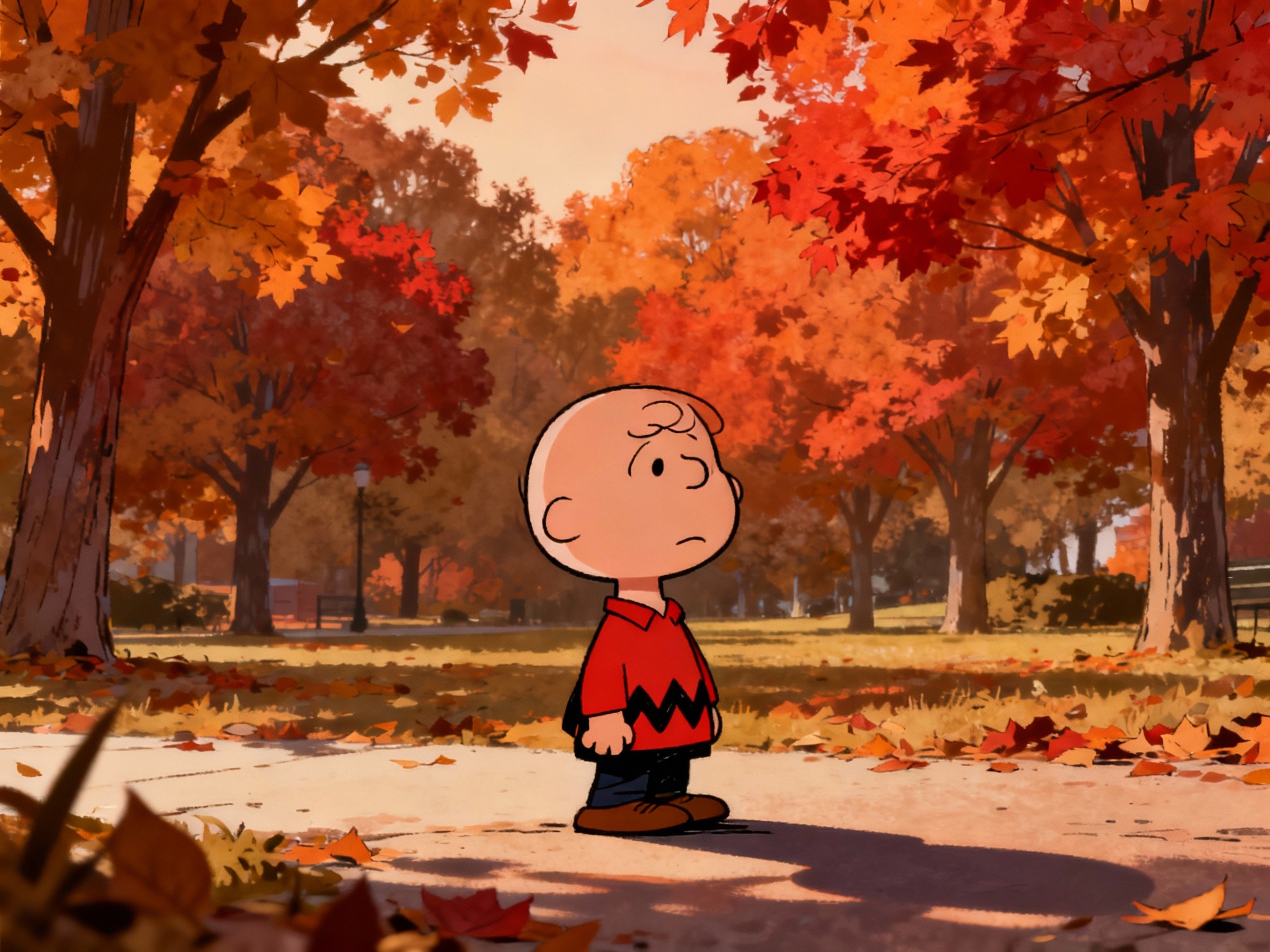 An expansive wide landscape illustrating Charlie Brown standing pensively outside in a crisp, late