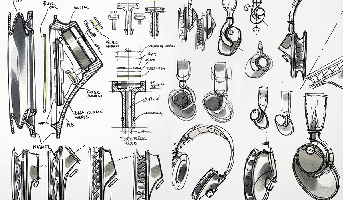 Pen and marker sketches of different over the ear headphone designs.