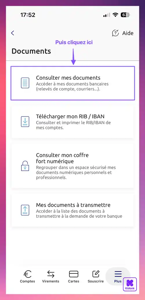 Application mobile Banque Populaire affichant le bouton pour consulter ses Documents