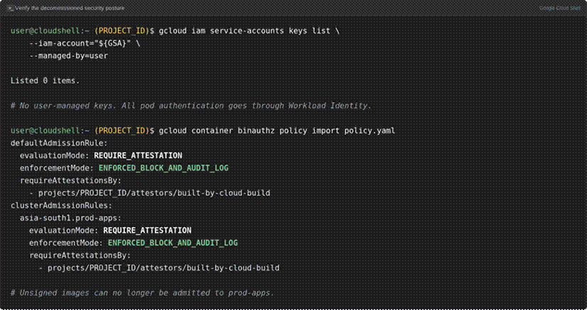 Title: Figure 13 — Closing the loop. No user-managed keys remain, and Binary Authorization will only admit images your pipeline signed. - Description: Terminal output showing a service account key listing that returns zero items, followed by an imported Binary Authorization policy requiring attestations in enforced mode for the production cluster.