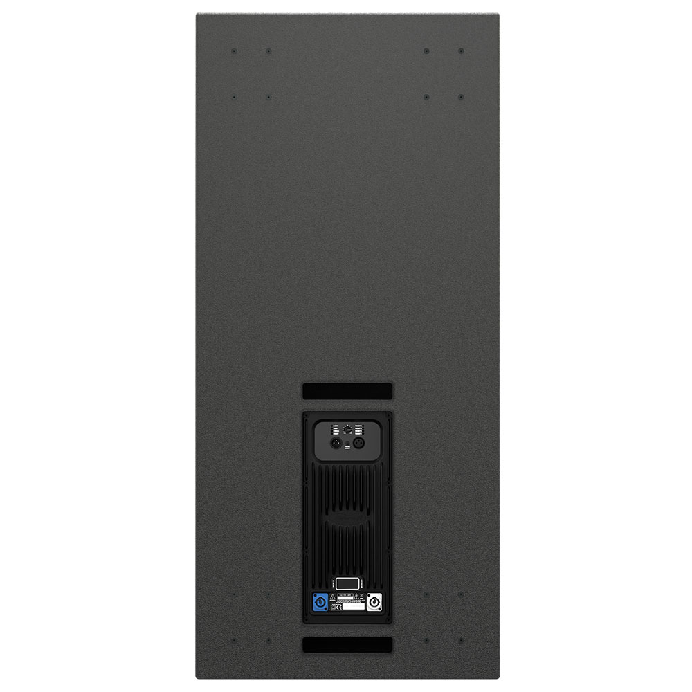 Back of a black speaker with inputs and vent