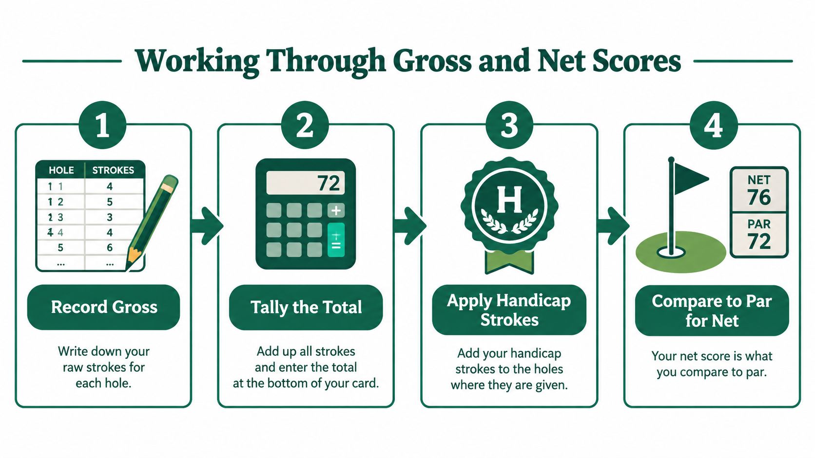 A four-step infographic showing how to calculate golf scores including recording strokes, totaling, applying handicaps, and comparing to par.