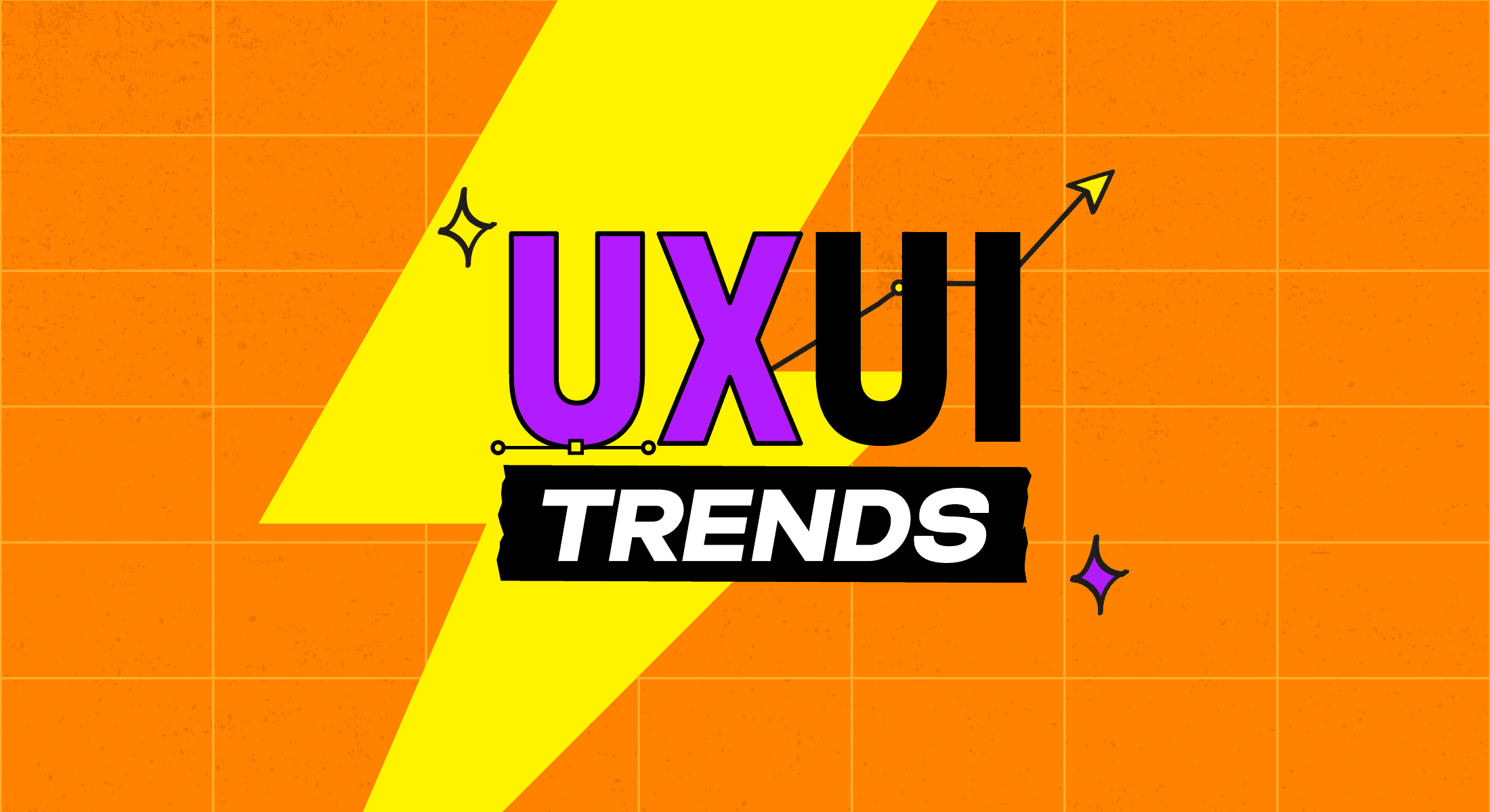 UX UI Trends headline with yellow lightning bolt, trend line arrow, and sparkle accents on orange grid background