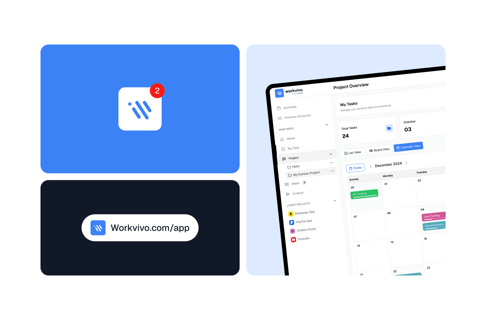 Workvivo app icon, notification badge, and project calendar interface preview.