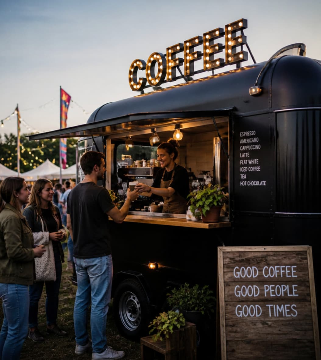 Ontmoetingsmoment bij coffee truck tijdens bedrijfsfestival