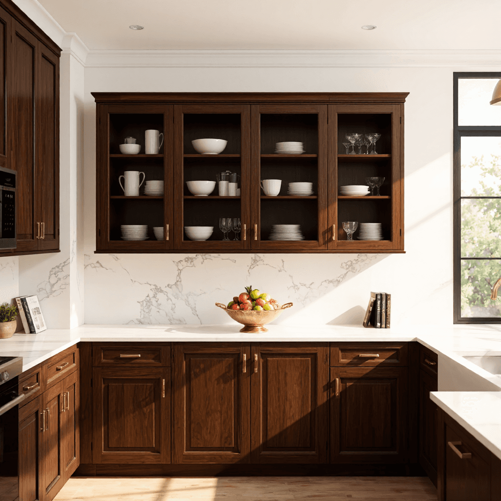 product photography of a kitchen cabinet with storage space and glass doors