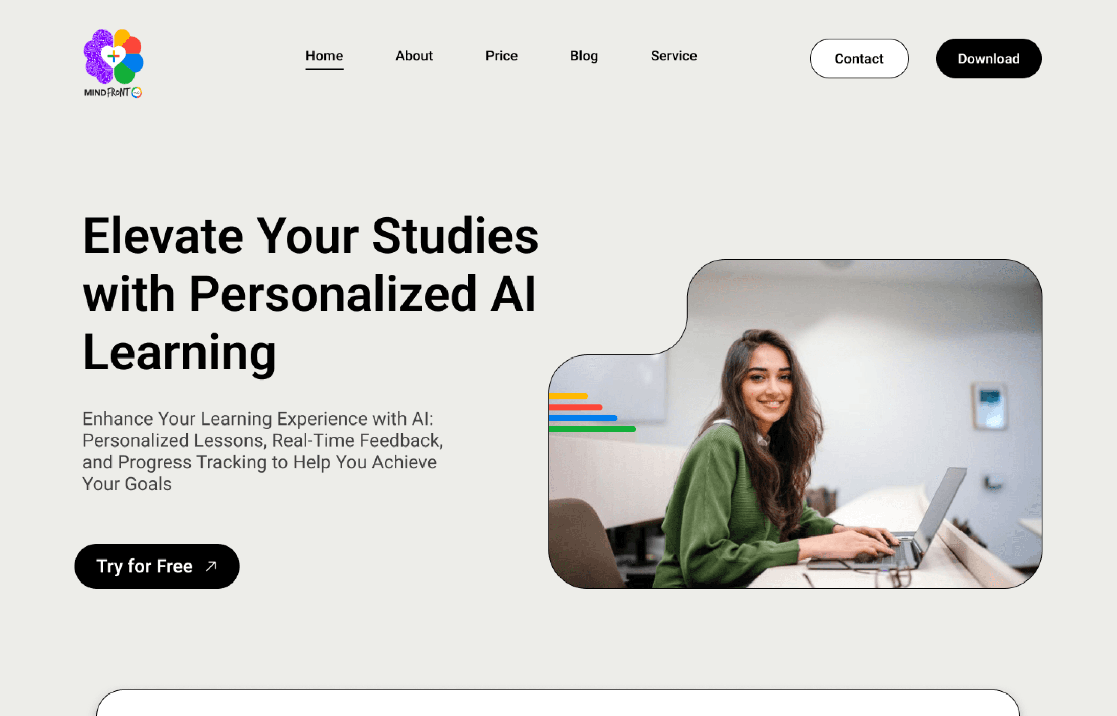 MindFront AI education platform header design with student using laptop
