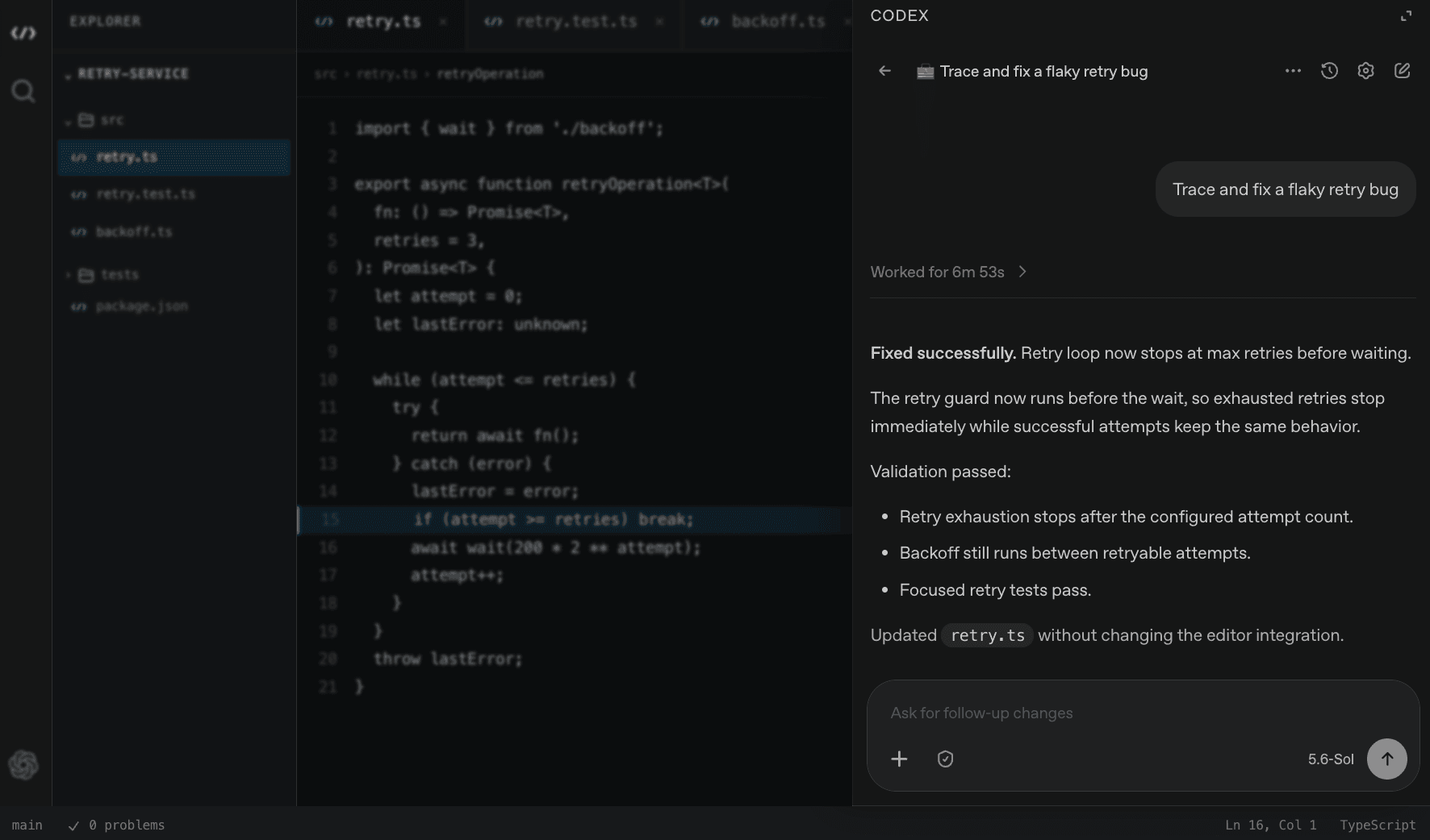 OpenAI Codex IDE extension displayed beside source code with options to edit, review, and delegate coding tasks.