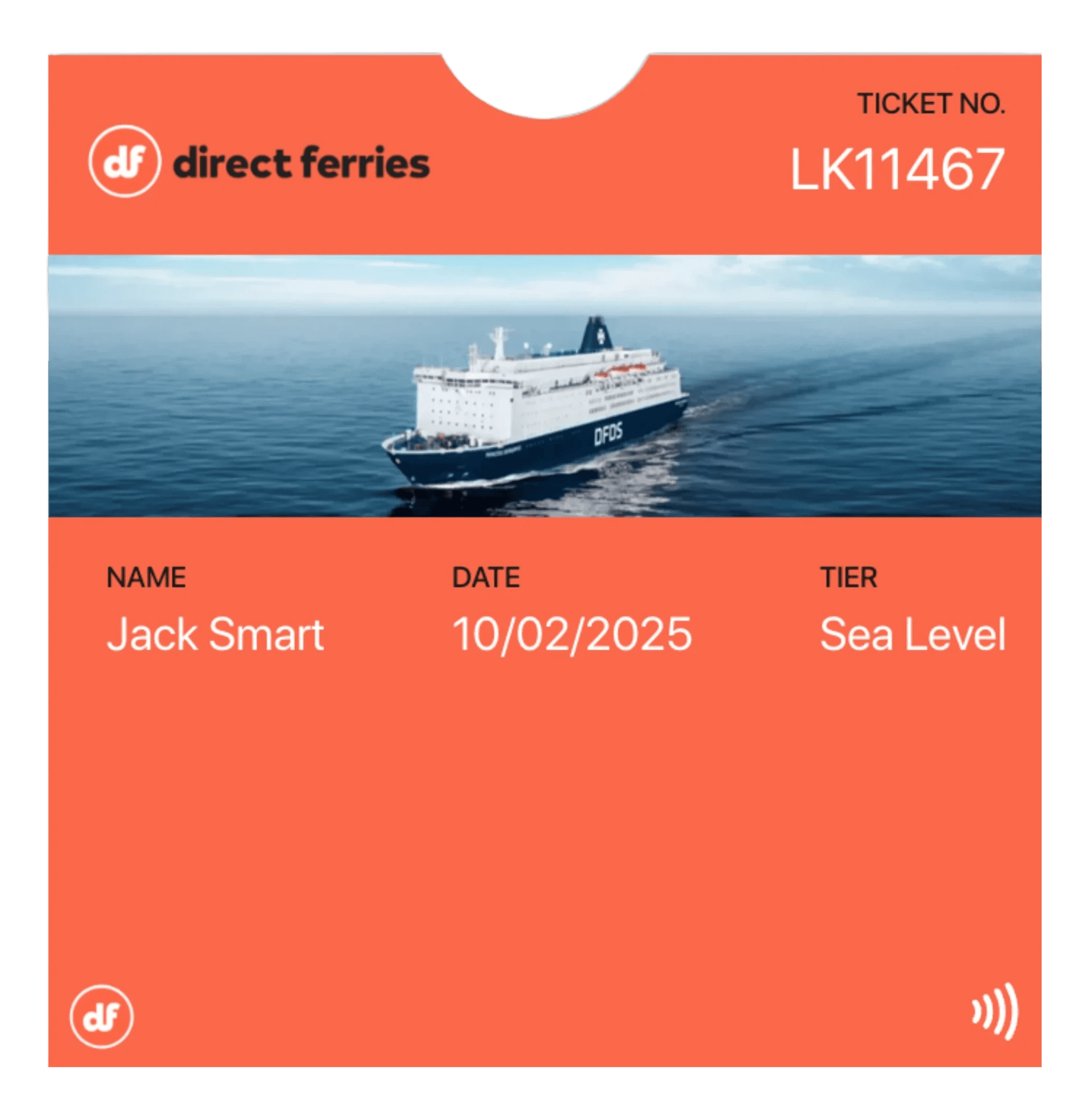A cruise ship sails on calm waters, with an orange interface displaying names and details.