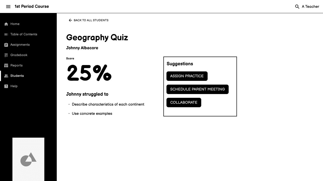 A screenshot of the final design in its intiail state that has gradebook categories on the left, and on the right has a dropdown that is selected to individual students showing a list of all students, a start date and time, a due date and time, and number of attempts