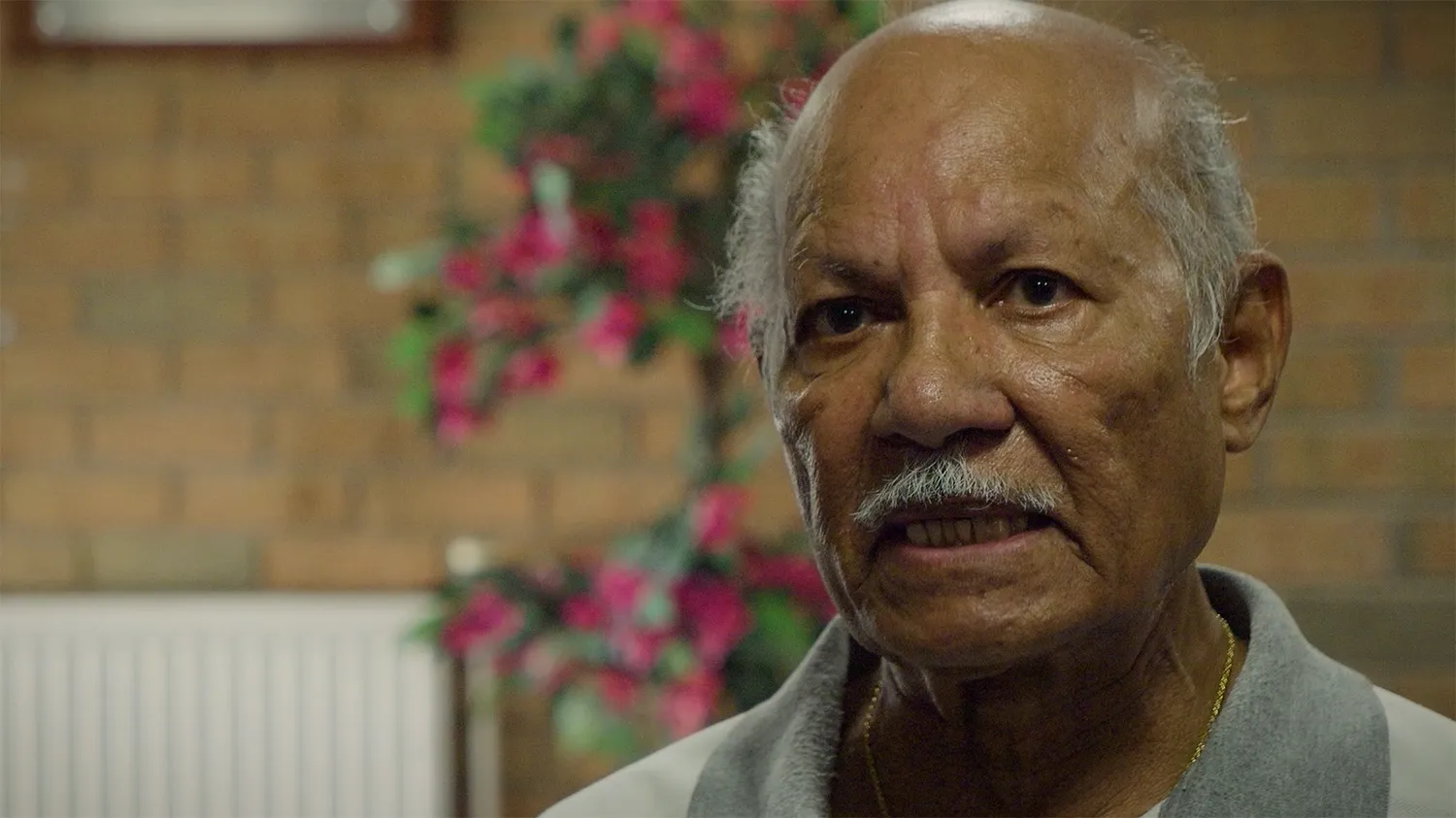 Close-up portrait of an older man speaking indoors with a softly lit background.