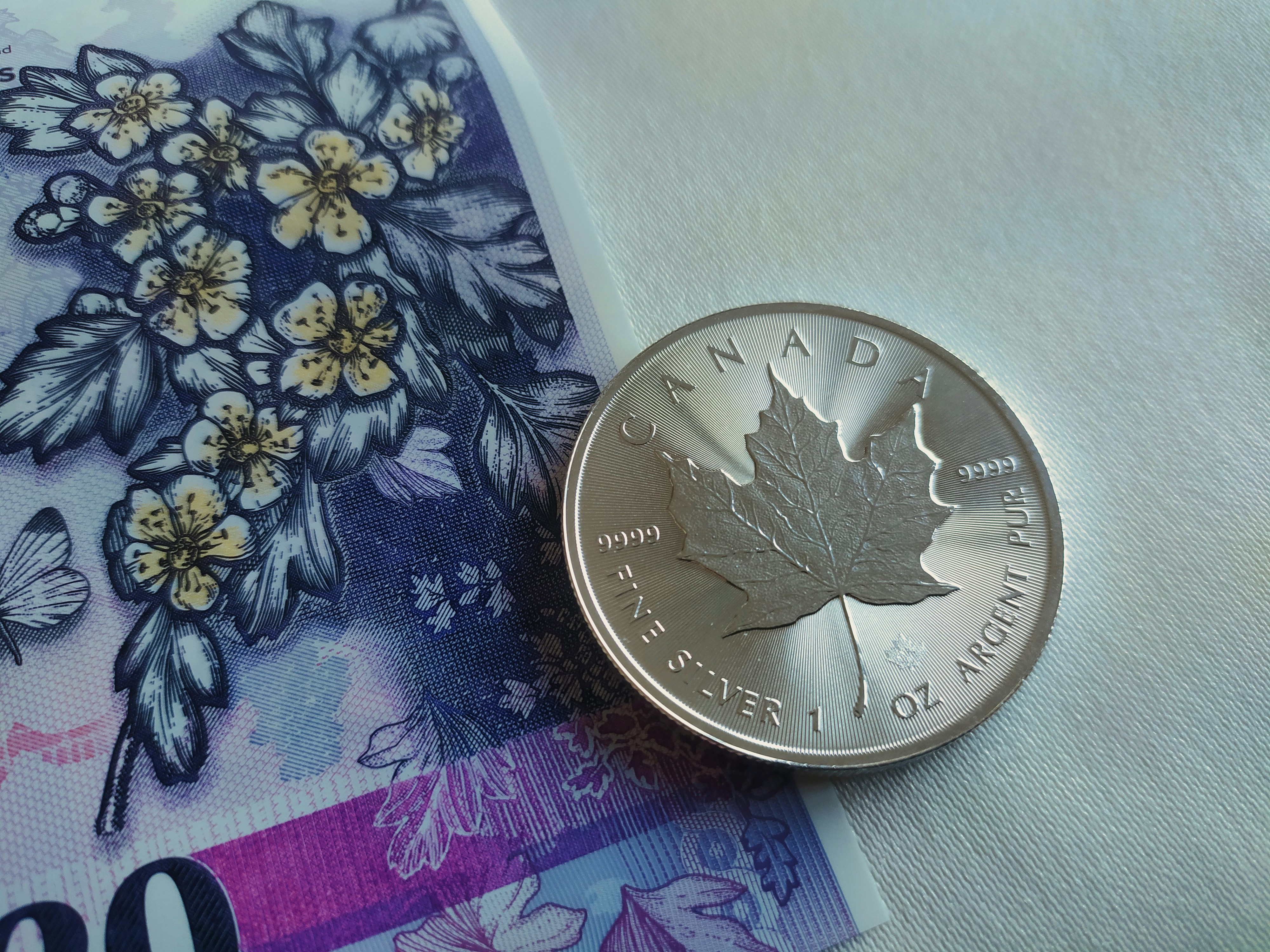 A canadian dollar sitting on top of a white sheet