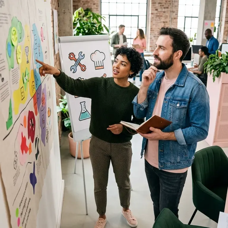Équipe de consultants en atelier de travail analysant des schémas et des icônes métiers sur un mur collaboratif, illustrant notre expertise en "Marque employeur et corporate" pour la réalisation d'un audit de perception interne approfondi.