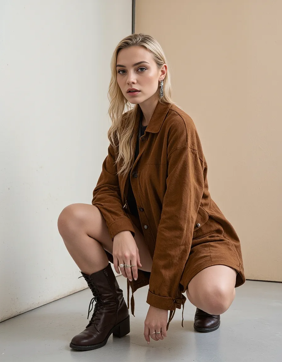 Minimalist fashion portrait featuring rust-brown outerwear and matching boots against neutral background with soft lighting