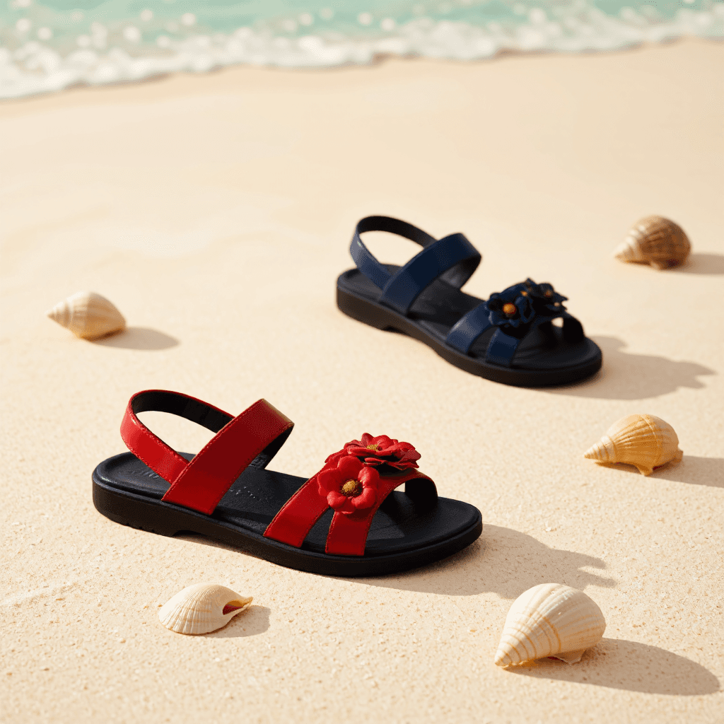 product photography of a pair of stylish sandals with decorative embellishments