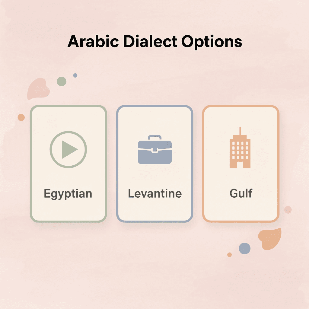  Infographic showing three Arabic dialect options with their primary uses
