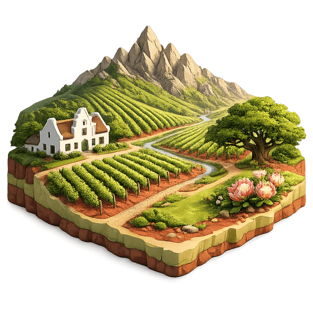 Artistic illustration of the Stellenbosch wine region.